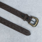 Dark Brown Leather Western Belt with Western Engraved Brass Buckle + Free Antique Plain Buckle
