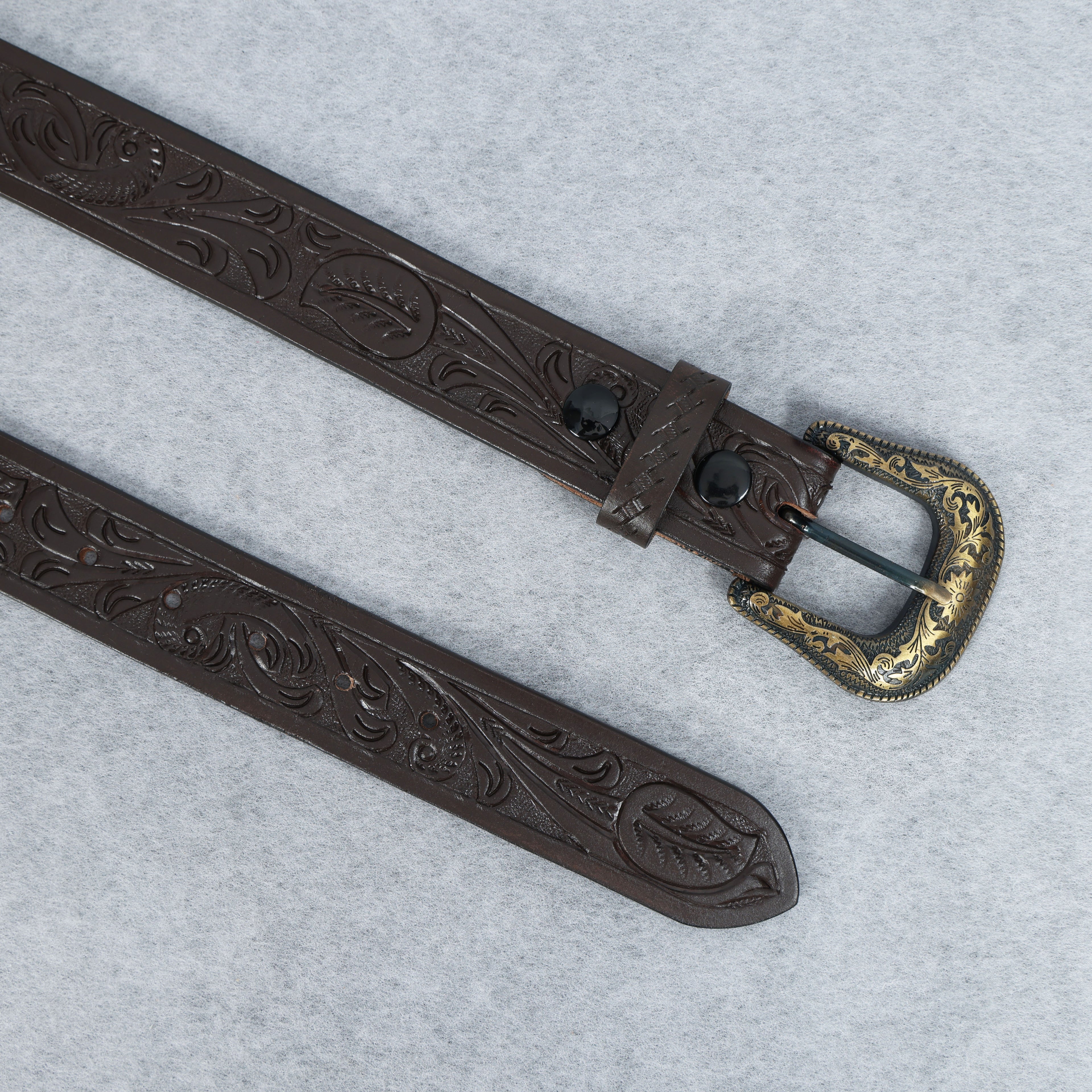 Dark Brown Leather Western Belt with Western Engraved Brass Buckle + Free Antique Plain Buckle