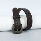 Dark Brown Leather Western Belt with Western Engraved Black Buckle + Free Antique Plain Buckle