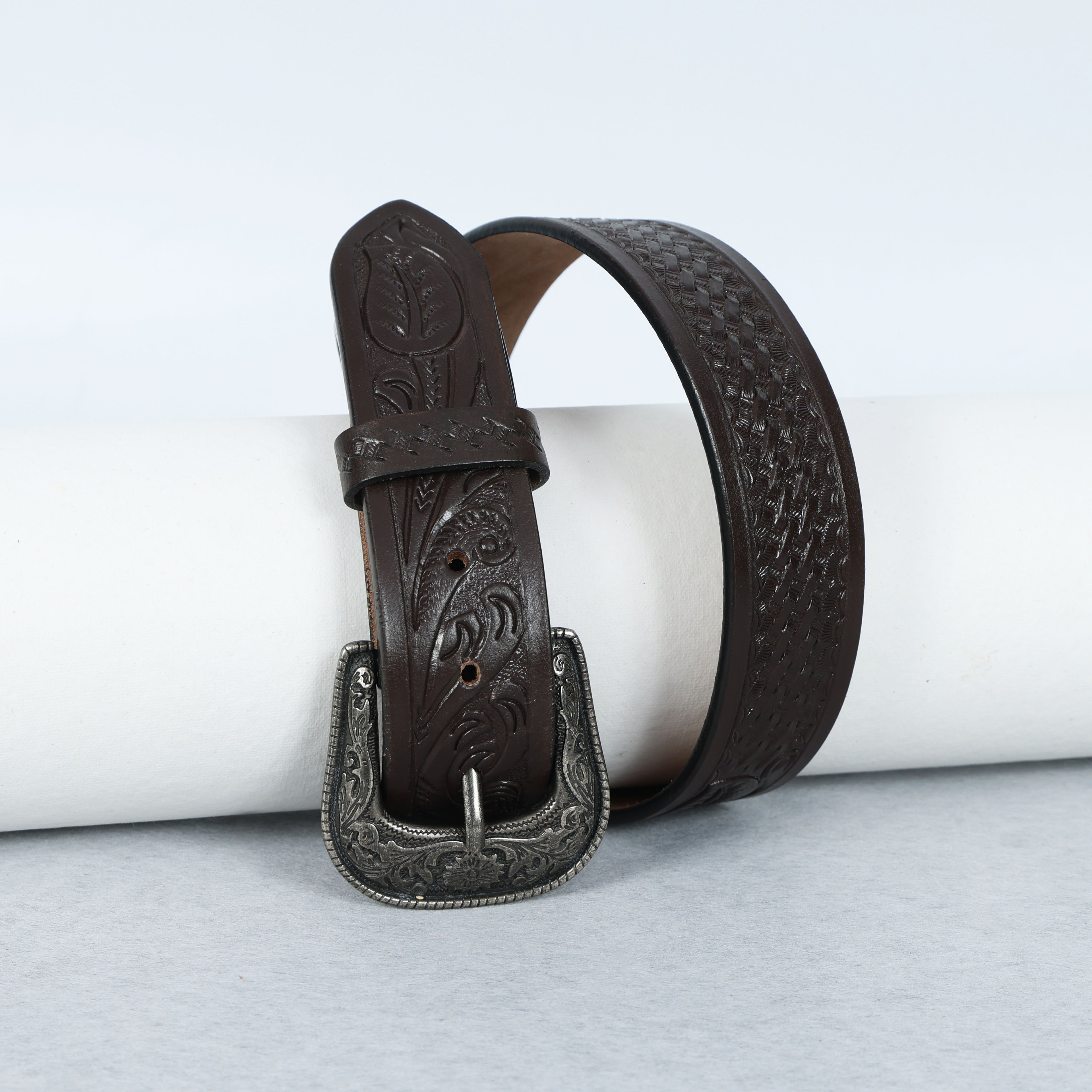 Dark Brown Leather Western Belt with Western Engraved Black Buckle + Free Antique Plain Buckle