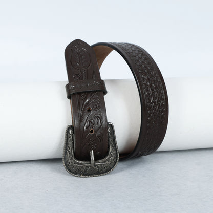Berbanto Dark Brown Leather Western Belt with Western Engraved Black Buckle + Free Antique Plain Buckle