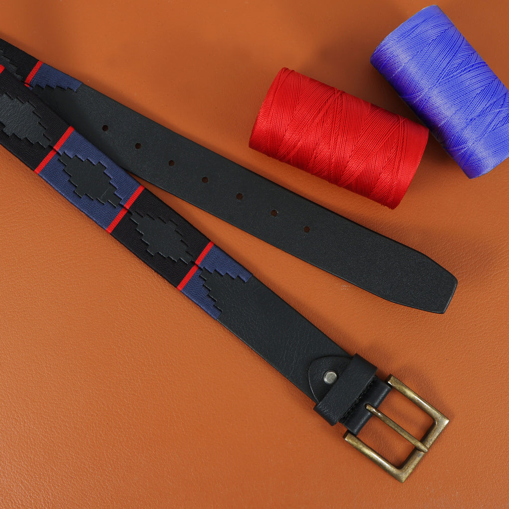 Black, Navy Blue & Red Border Polo Belt – Handcrafted Full-Grain Leather with Navy Detailing