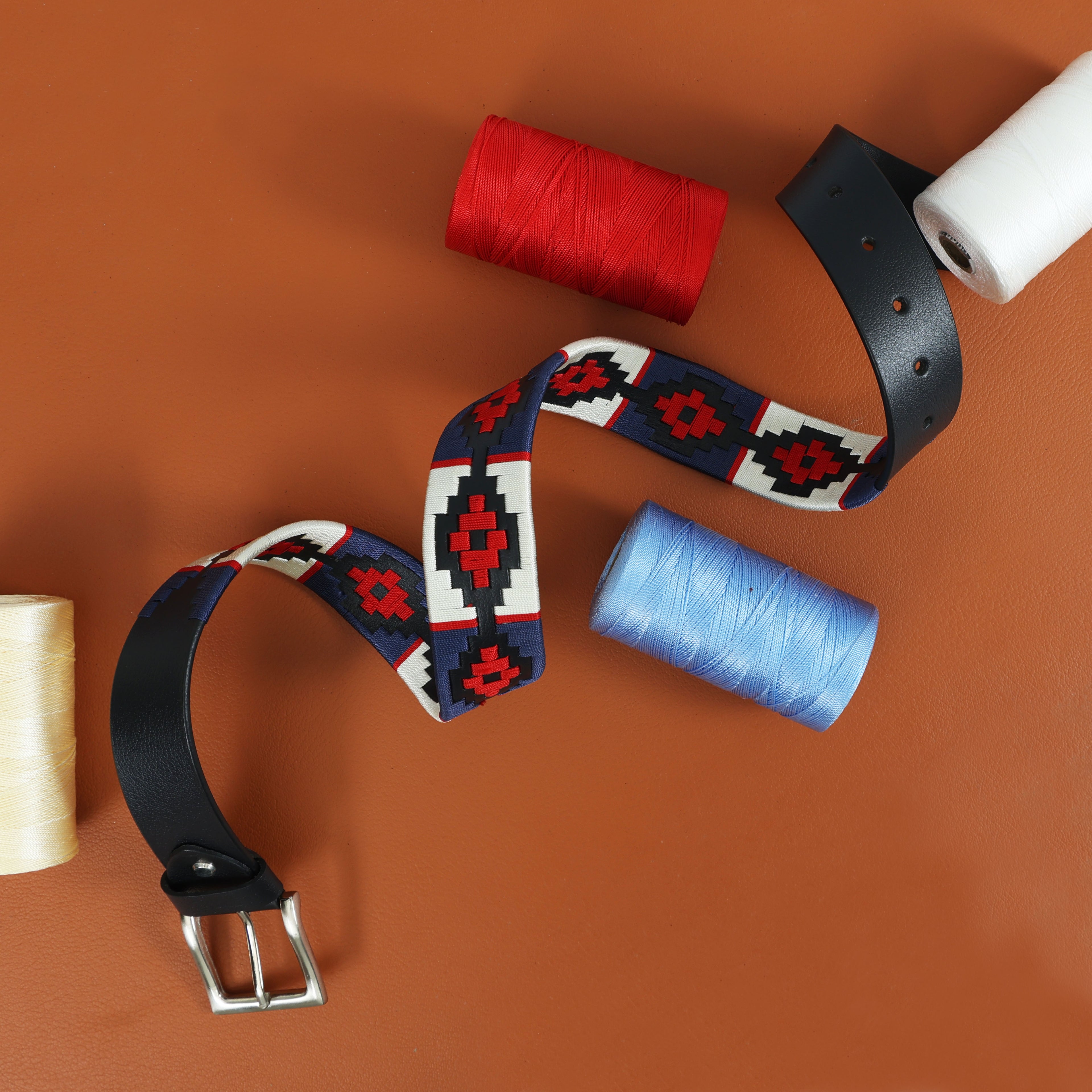 Red, Cream & Navy Polo Belt – Hand-Embroidered Premium Full-Grain Black Leather Belt