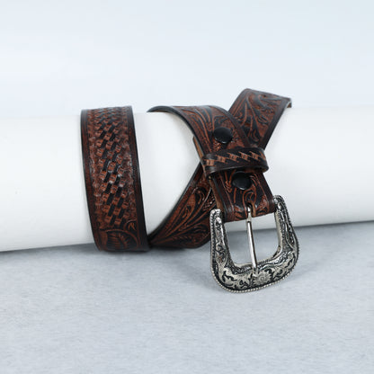 Berbanto Two Tone Brown Leather Western Belt with Western Engraved Rustic Silver Buckle + Free Antique Plain Buckle