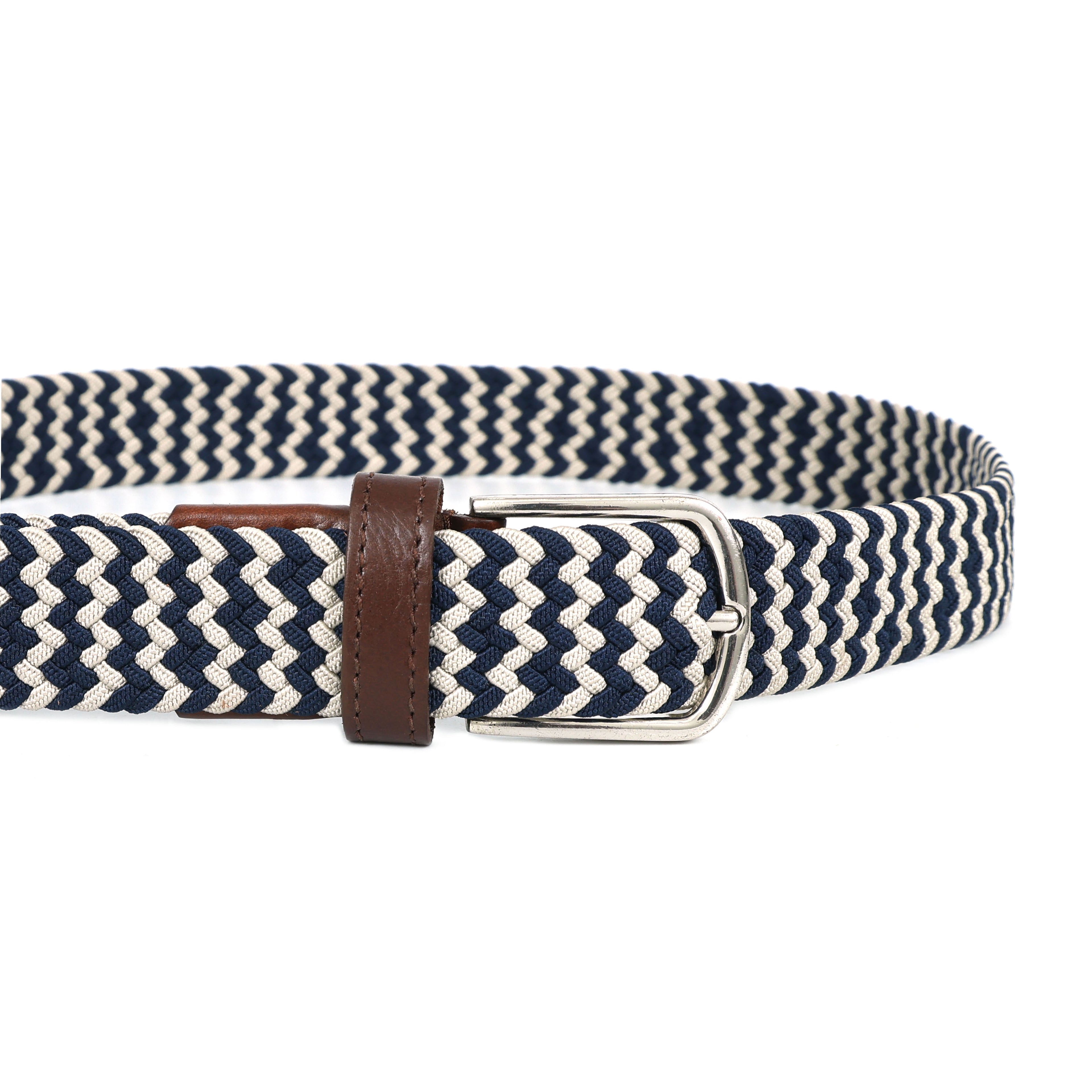 Golf Stretch Belt – Navy & White Chevron with Brown Leather Trim