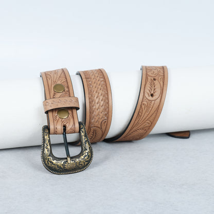 Berbanto Natural Leather Western Belt with Western Engraved Brass Buckle + Free Antique Plain Buckle