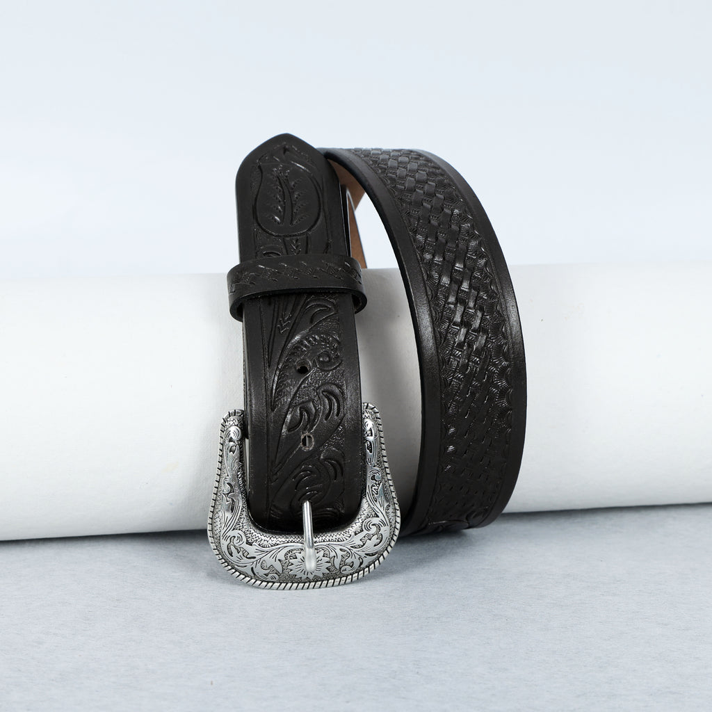 Black Leather Western Belt with Western Engraved Silver Buckle + Free Antique Plain Buckle