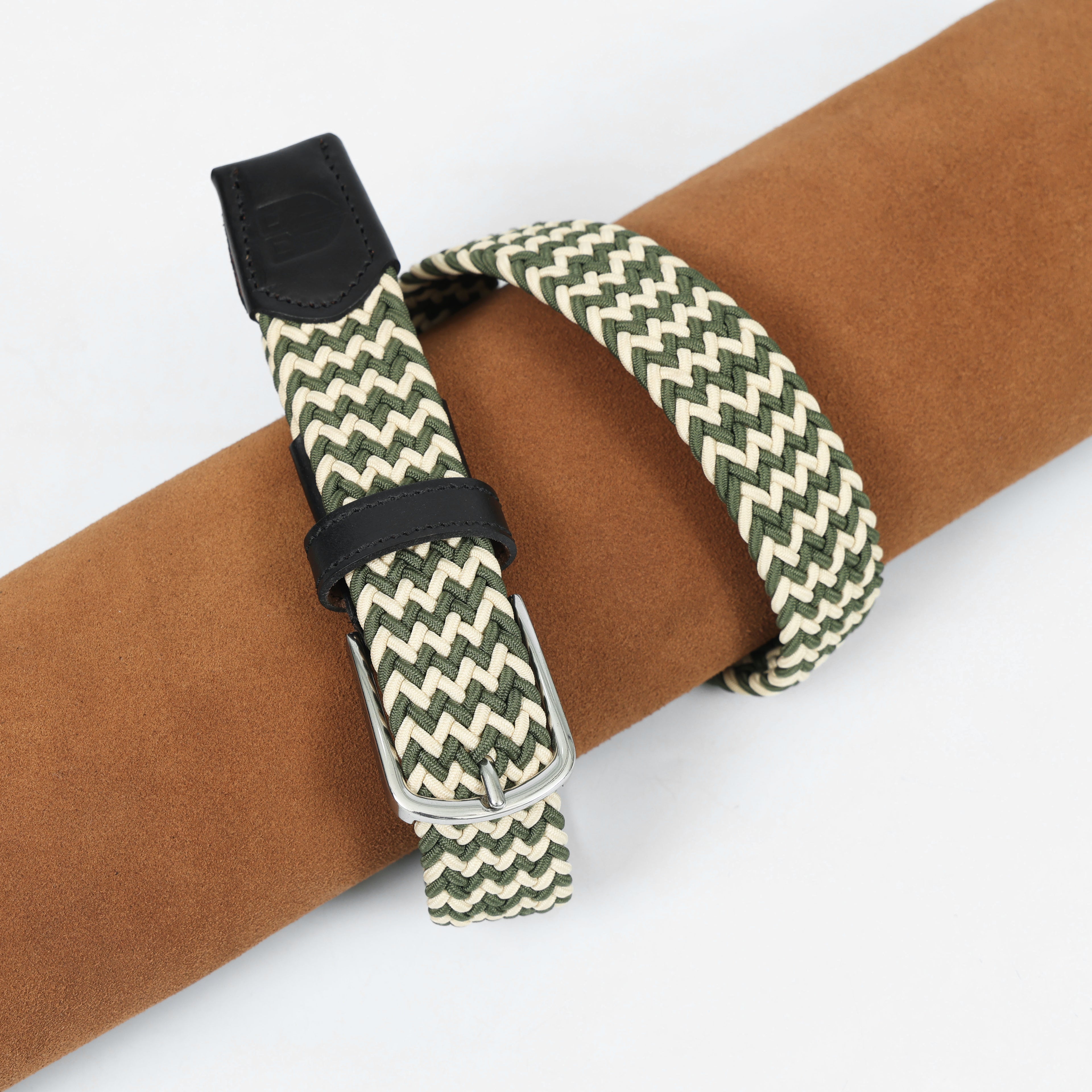 Golf Stretch Belt – Olive & Beige Zigzag with Black Leather Trim
