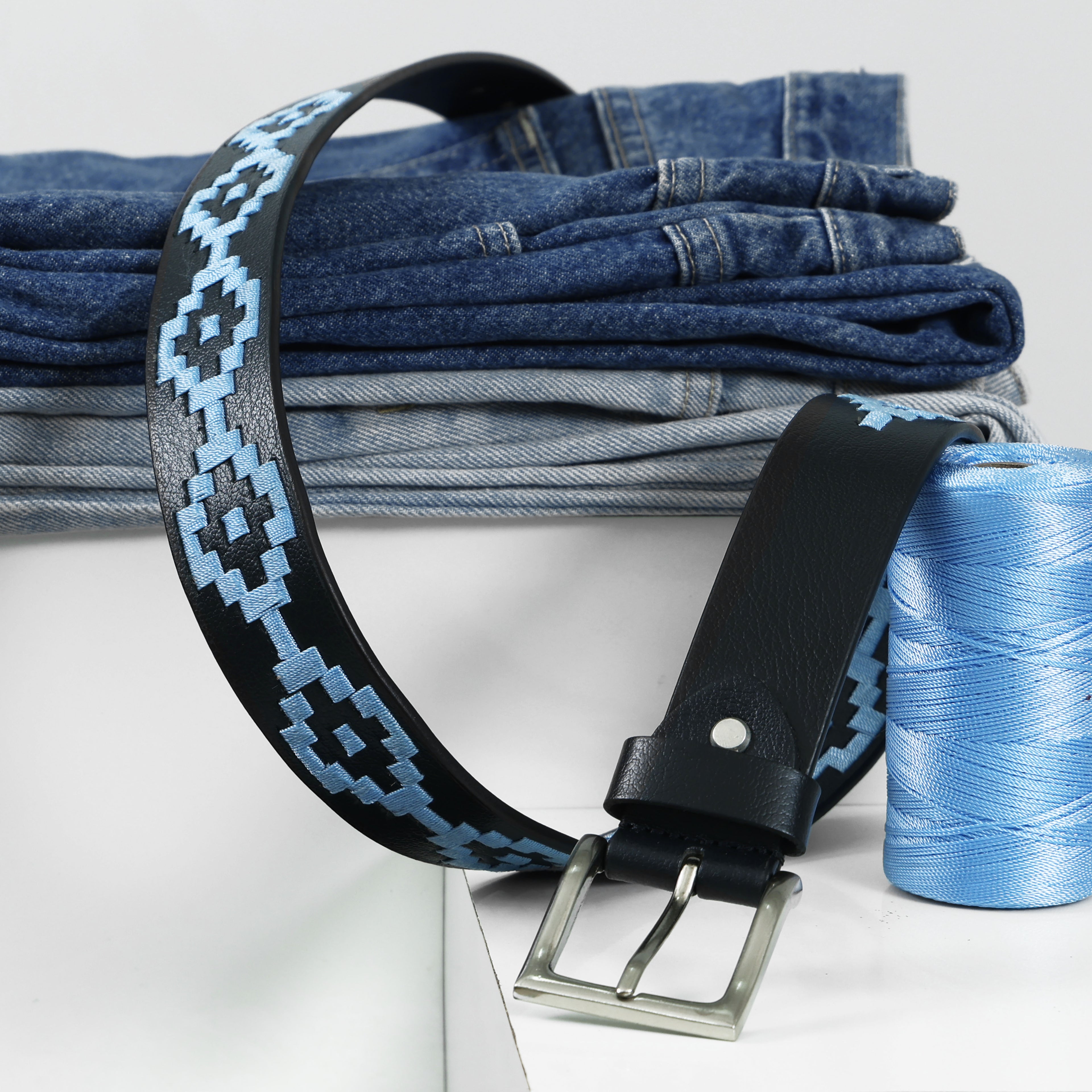Berbanto Sky Blue Polo Belt – Hand-Embroidered on Premium Full-Grain Black Leather