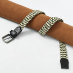 Golf Stretch Belt – Olive & Beige Zigzag with Black Leather Trim