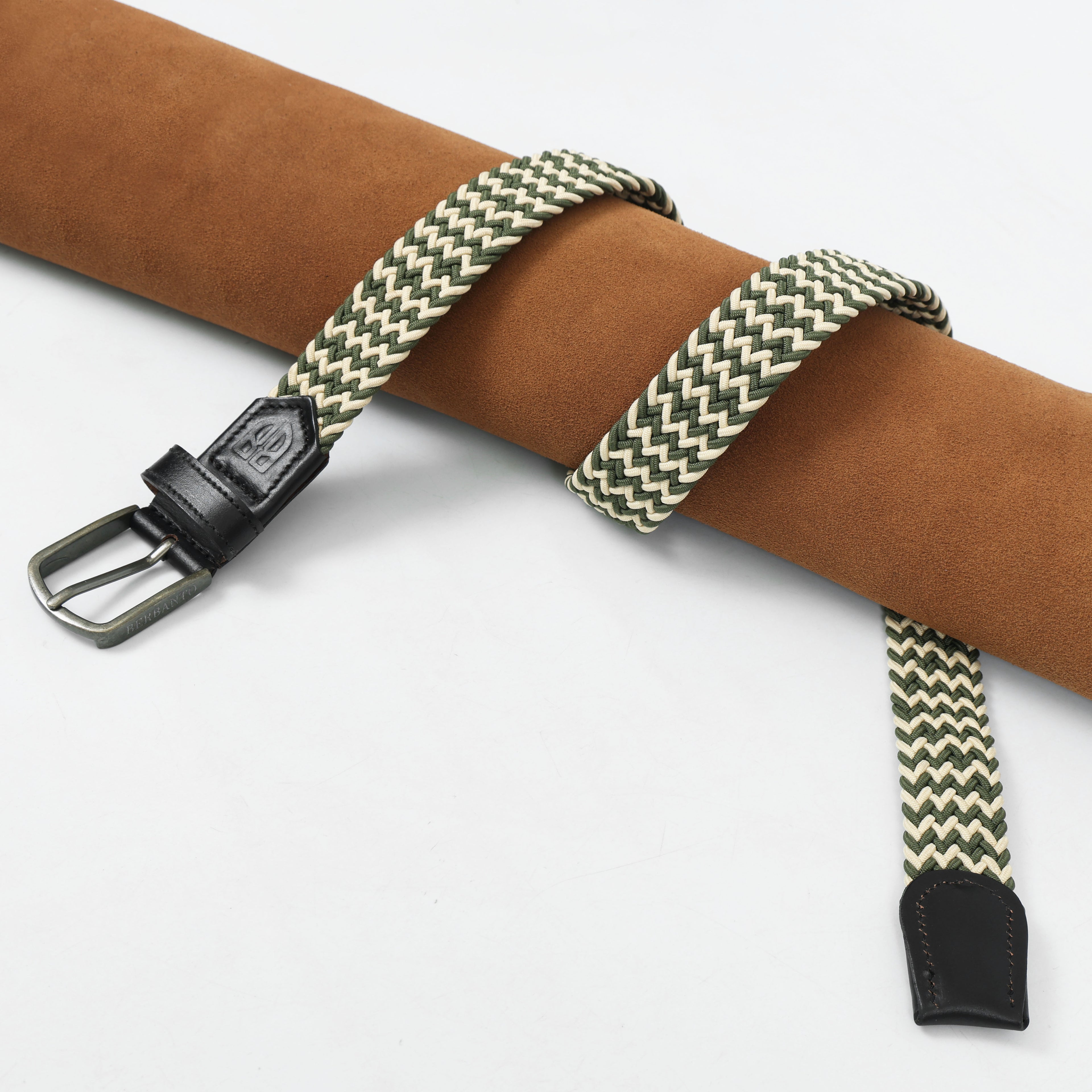 Golf Stretch Belt – Olive & Beige Zigzag with Black Leather Trim