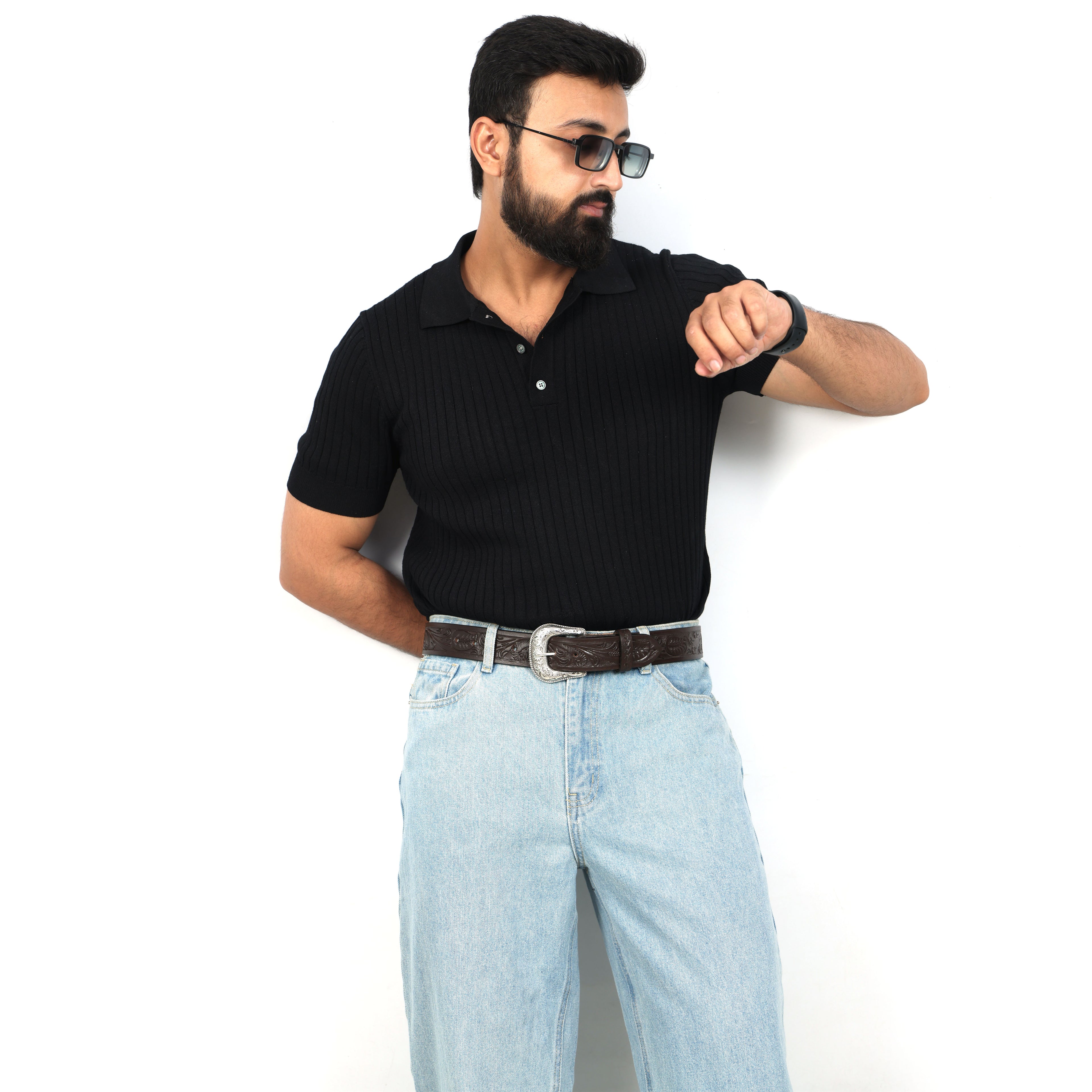 Dark Brown Leather Western Belt with Western Engraved Silver Buckle + Free Antique Plain Buckle
