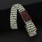 Golf Stretch Belt – Olive & Beige Zigzag with Brown Leather Trim
