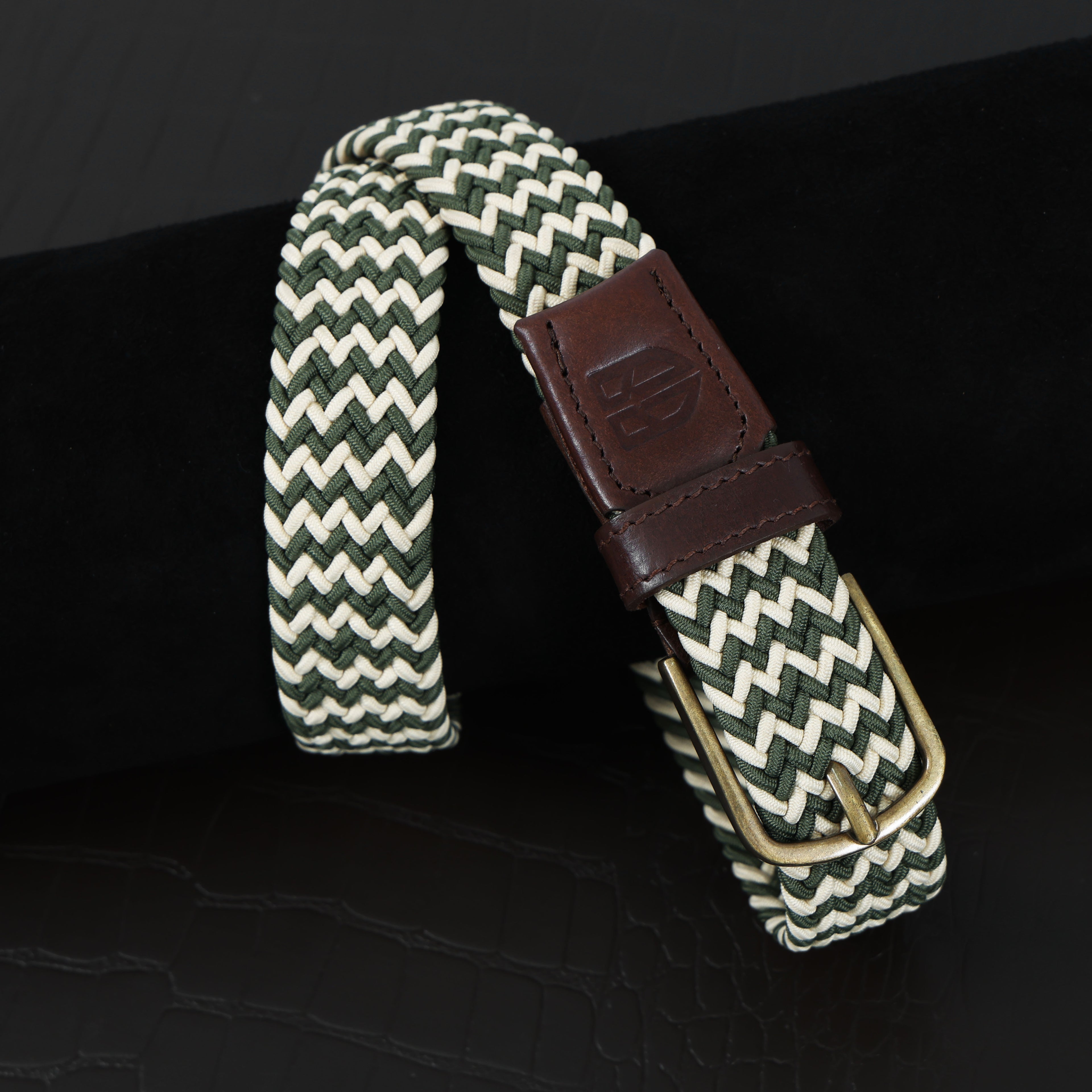 Golf Stretch Belt – Olive & Beige Zigzag with Brown Leather Trim
