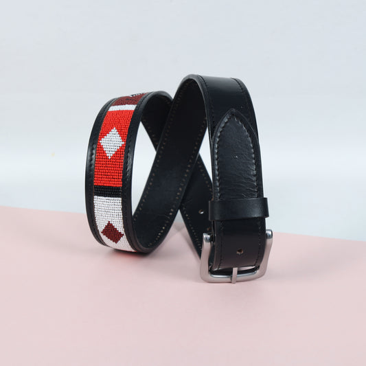 Berbanto® Gaucho Red Diamond Beaded Leather Belt – Handcrafted Western-Style Belt for Men & Women