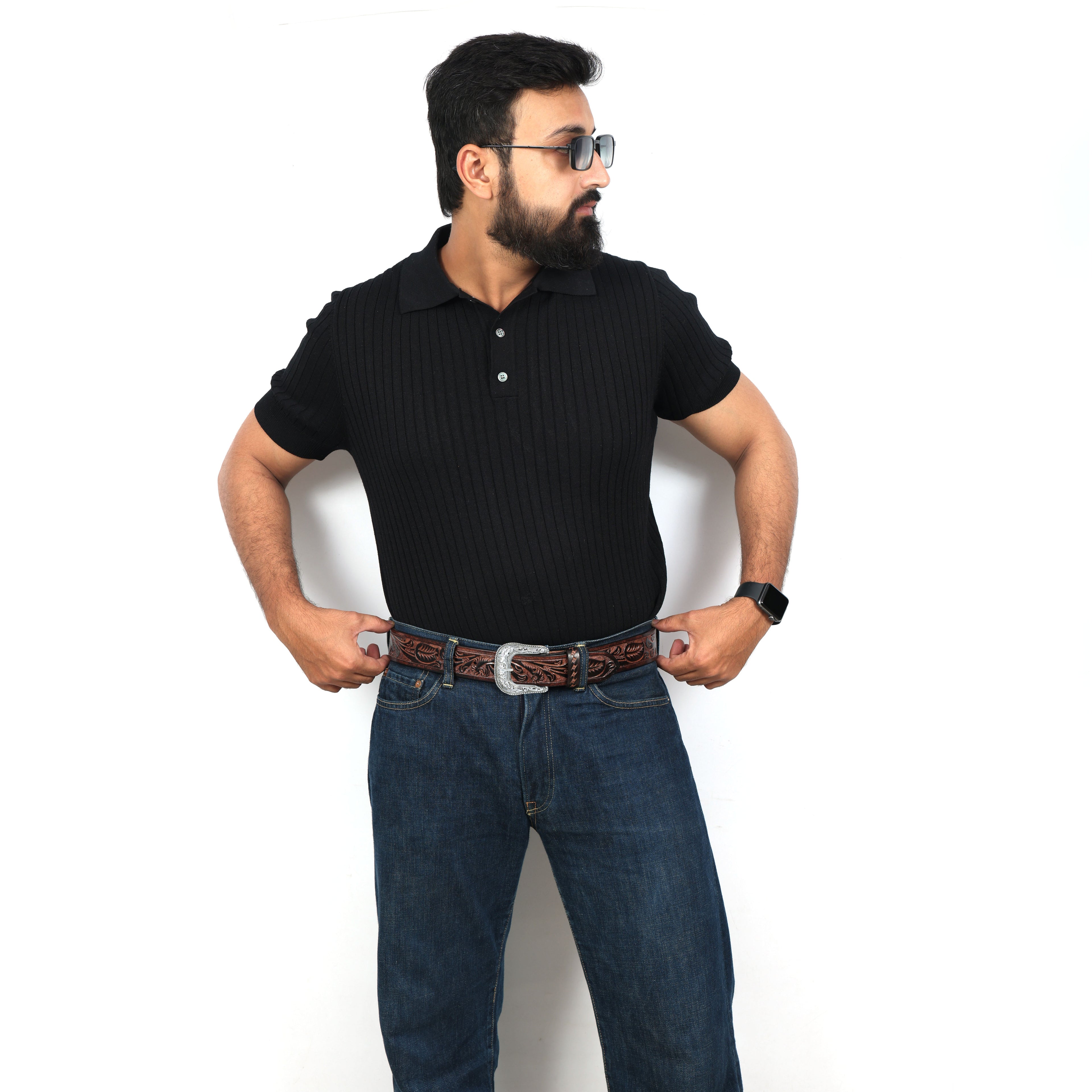 Berbanto Two Tone Brown Leather Western Belt with Western Engraved Silver Buckle + Free Antique Plain Buckle