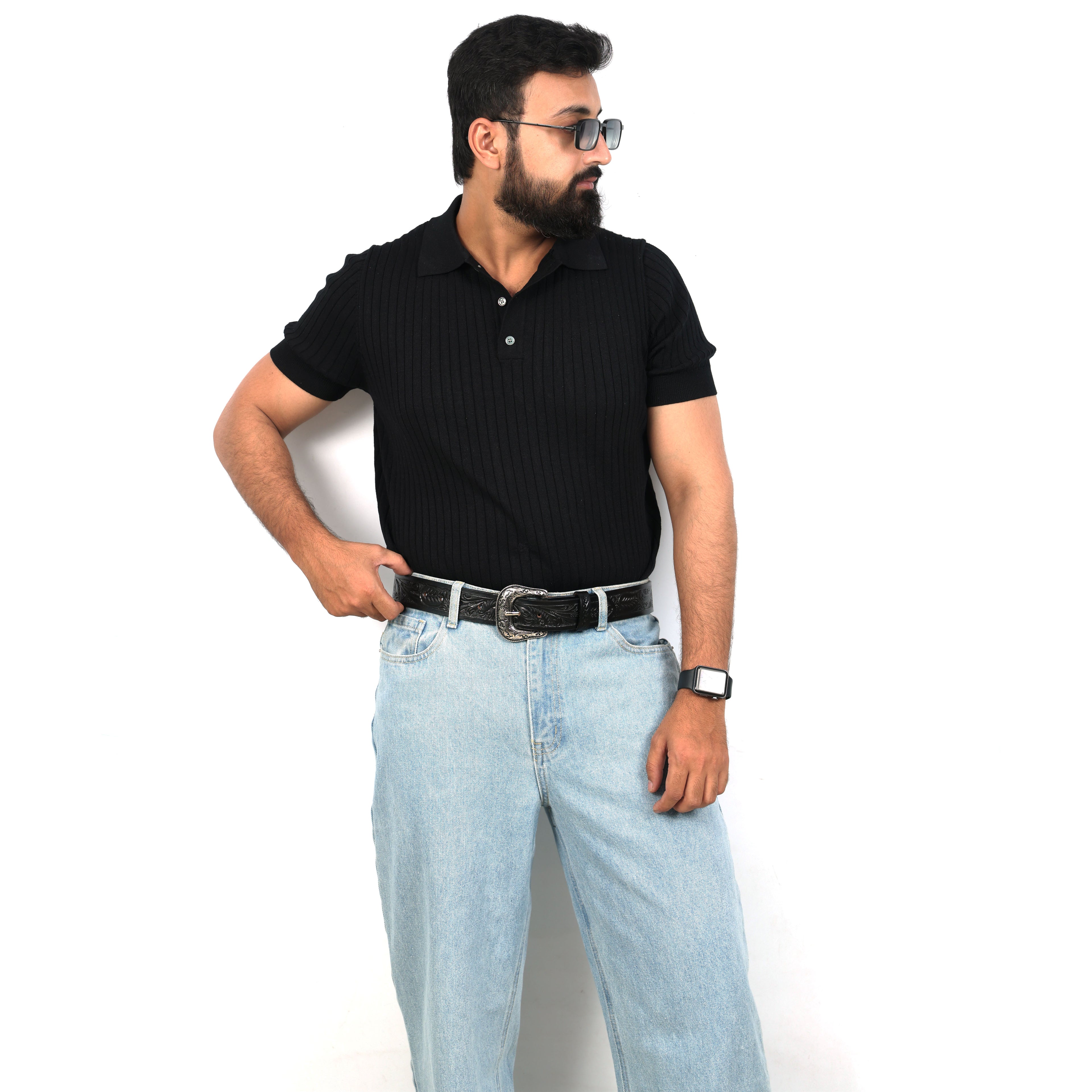 Black Leather Western Belt with Western Engraved Rustic Silver Buckle + Free Antique Plain Buckle