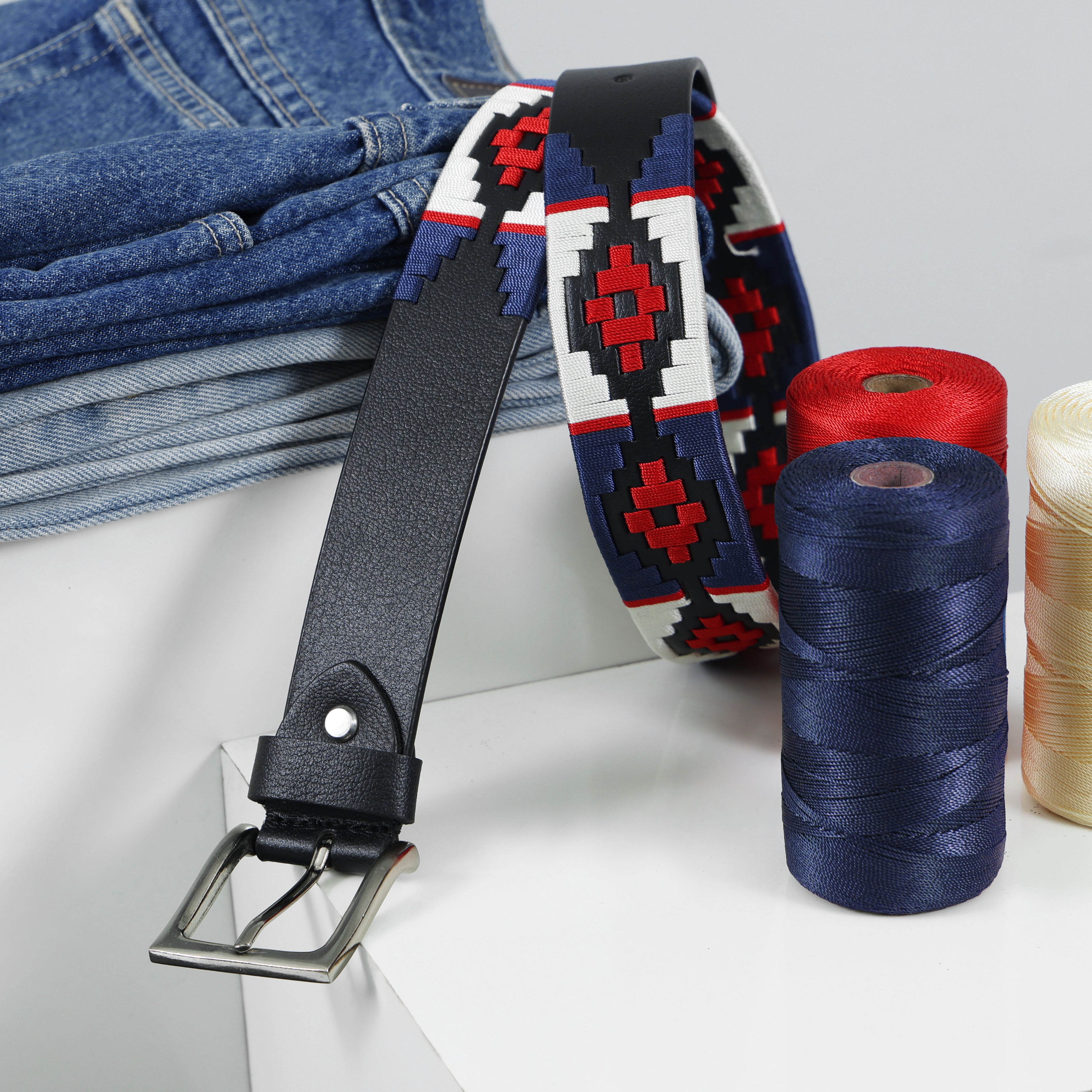 Red, Cream & Navy Polo Belt – Hand-Embroidered Premium Full-Grain Black Leather Belt