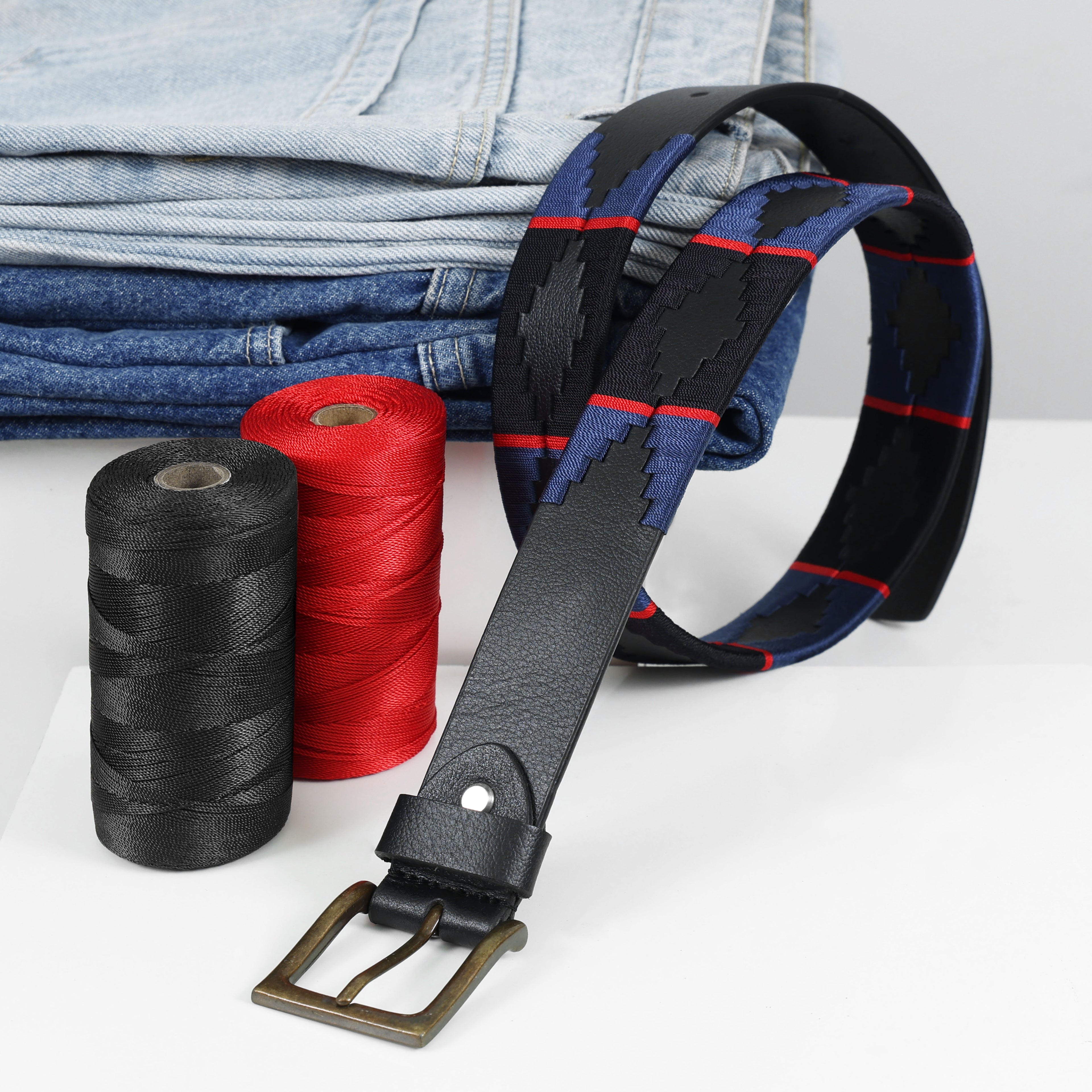 Black, Navy Blue & Red Border Polo Belt – Handcrafted Full-Grain Leather with Navy Detailing