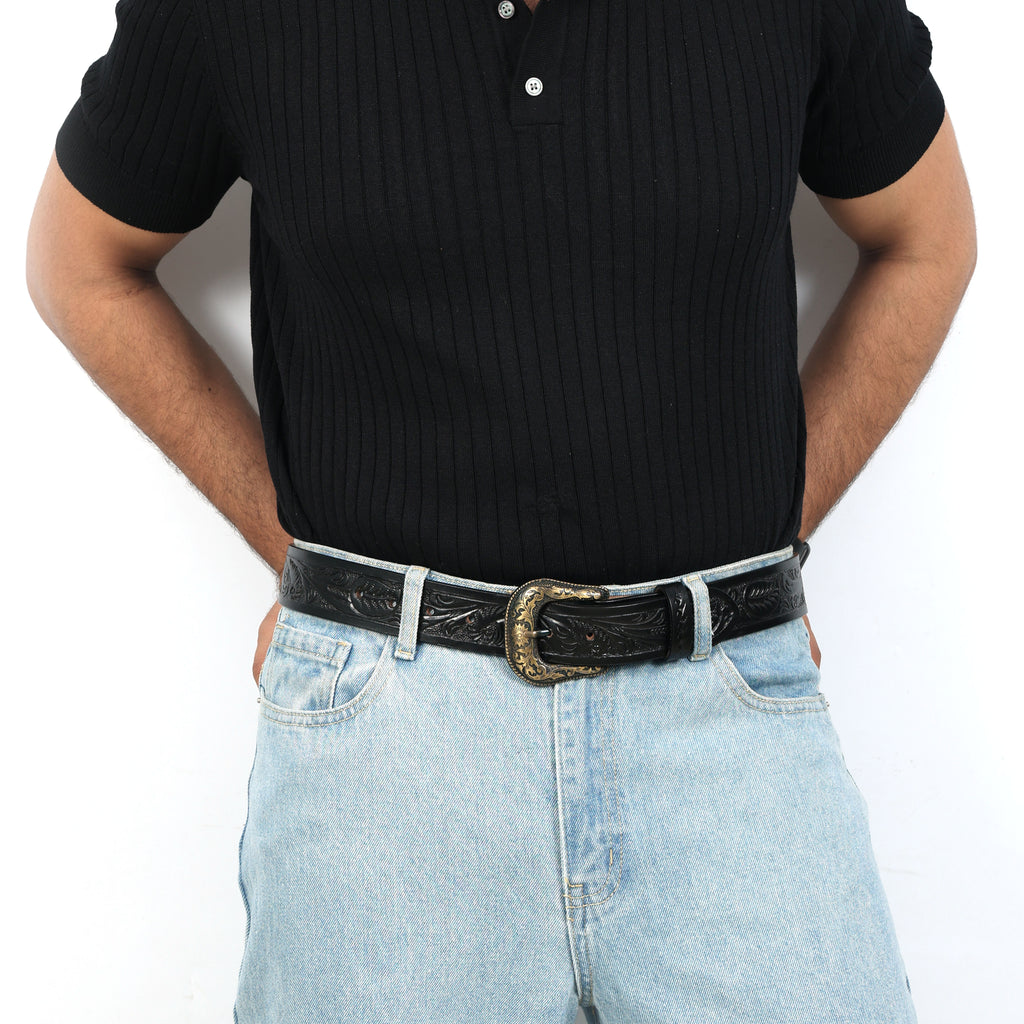 Black Leather Western Belt with Western Engraved Brass Buckle + Free Antique Plain Buckle