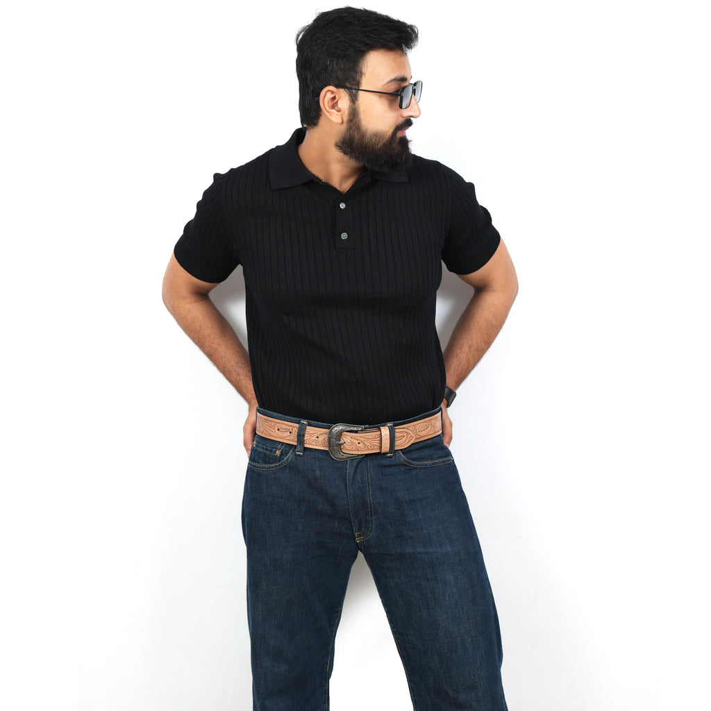 Berbanto Natural Leather Western Belt with Western Engraved Black Buckle + Free Antique Plain Buckle