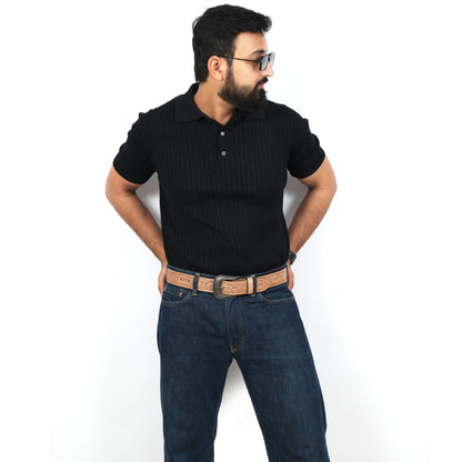 Berbanto Natural Leather Western Belt with Western Engraved Black Buckle + Free Antique Plain Buckle
