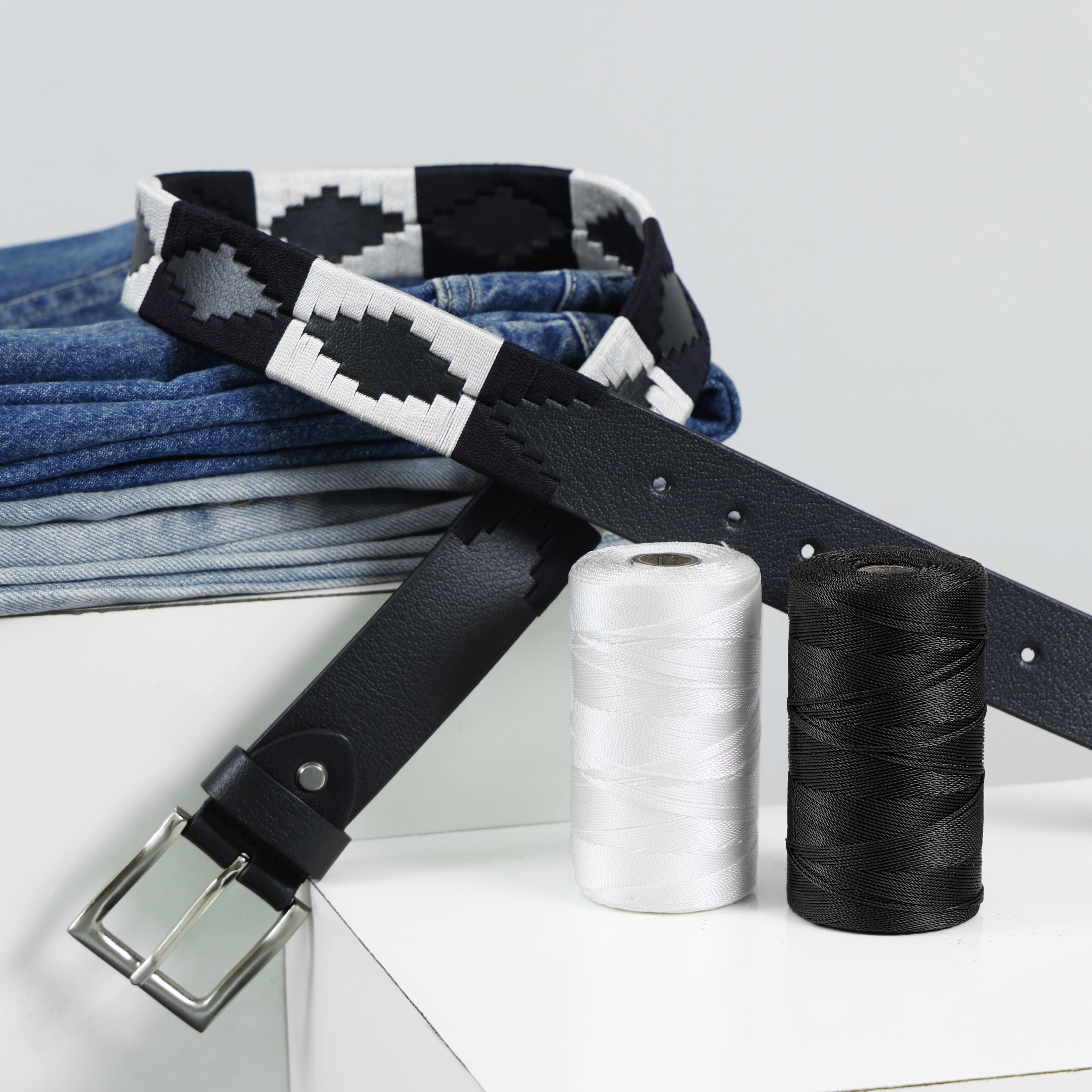 Grey Classic Polo Belt – Hand-Embroidered Premium Full-Grain Black Leather Belt