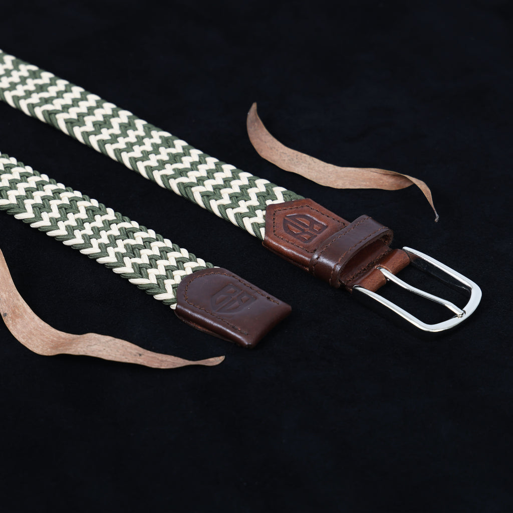 Golf Stretch Belt – Olive & Beige Zigzag with Brown Leather Trim