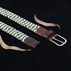 Golf Stretch Belt – Olive & Beige Zigzag with Brown Leather Trim