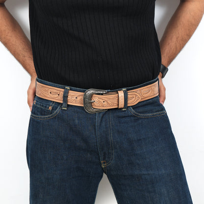 Berbanto Natural Leather Western Belt with Western Engraved Rustic Silver Buckle + Free Antique Plain Buckle