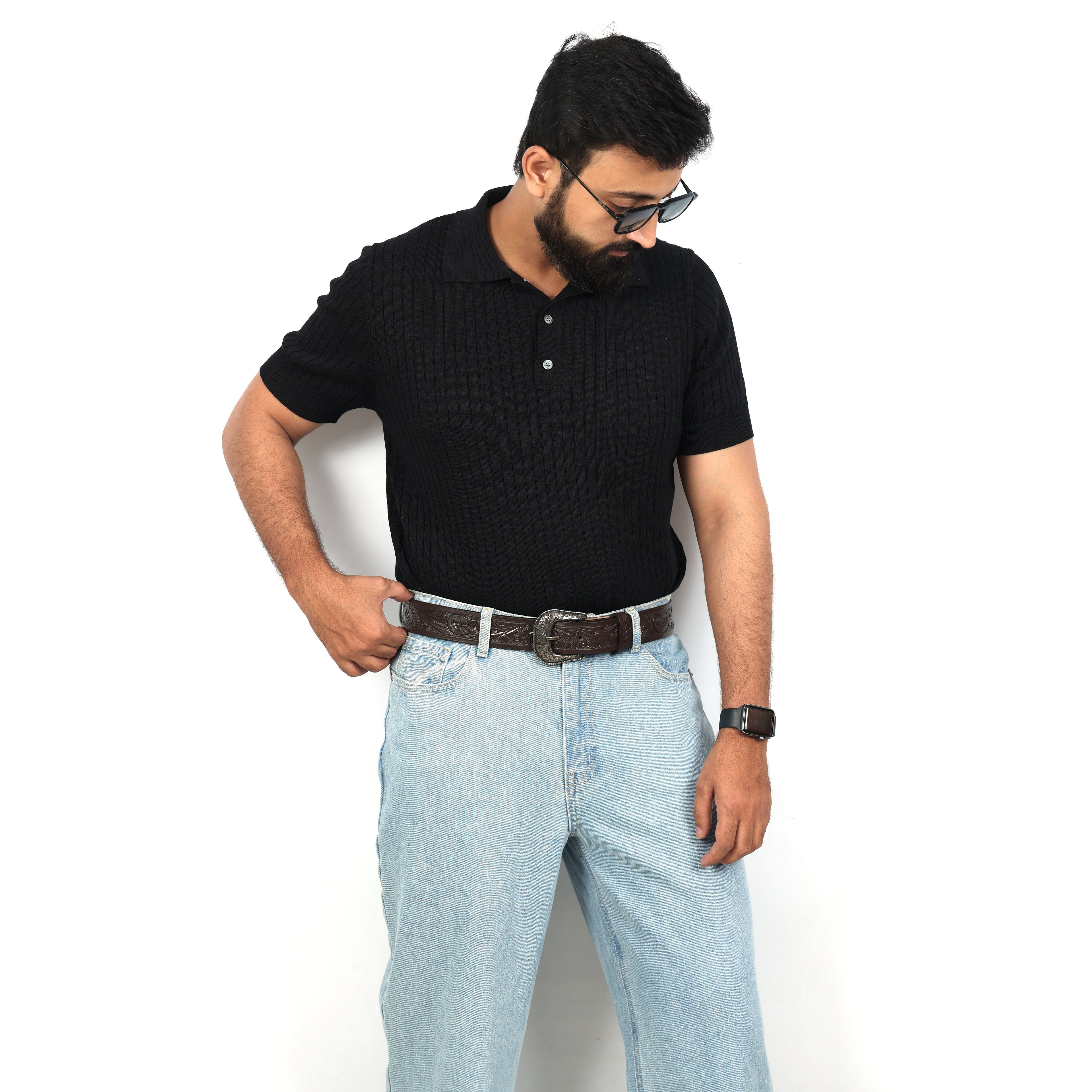 Dark Brown Leather Western Belt with Western Engraved Black Buckle + Free Antique Plain Buckle