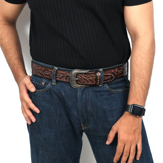 Berbanto Two Tone Brown Leather Western Belt with Western Engraved Black Buckle + Free Antique Plain Buckle