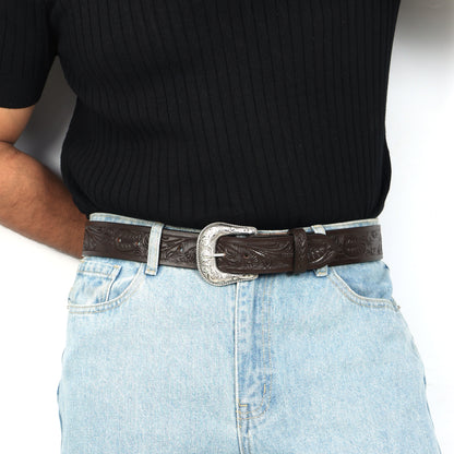 Berbanto Dark Brown Leather Western Belt with Western Engraved Silver Buckle + Free Antique Plain Buckle