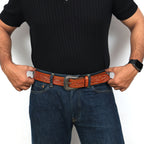 Berbanto Two Tone Tan Leather Western Belt with Western Engraved Black Buckle + Free Antique Plain Buckle