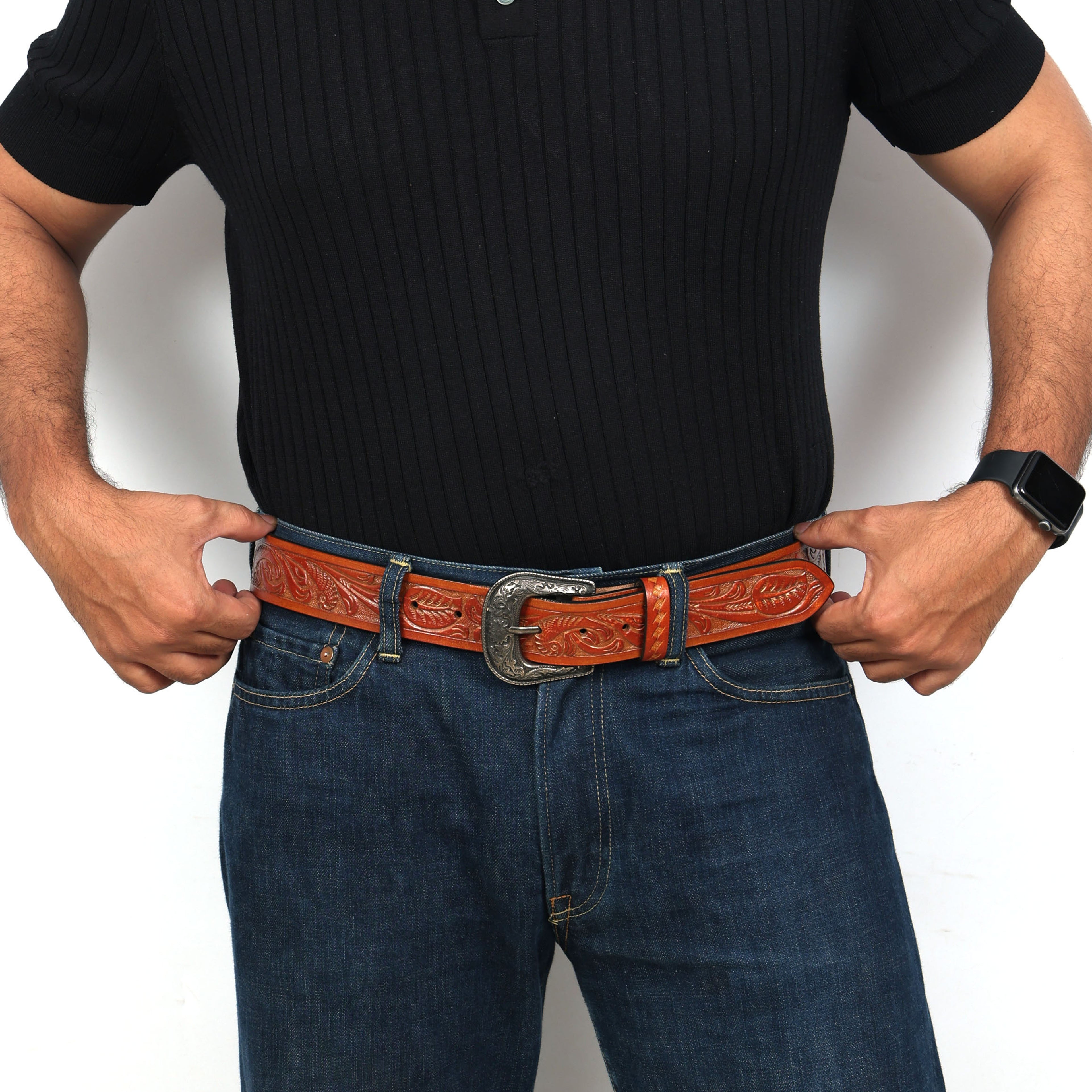 Berbanto Two Tone Tan Leather Western Belt with Western Engraved Black Buckle + Free Antique Plain Buckle