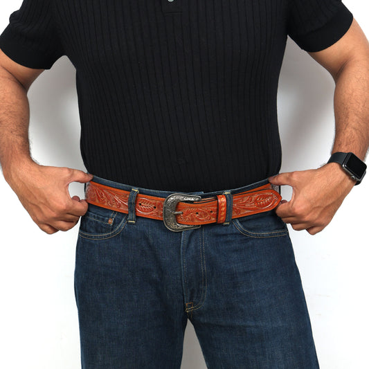 Berbanto Two Tone Tan Leather Western Belt with Western Engraved Black Buckle + Free Antique Plain Buckle