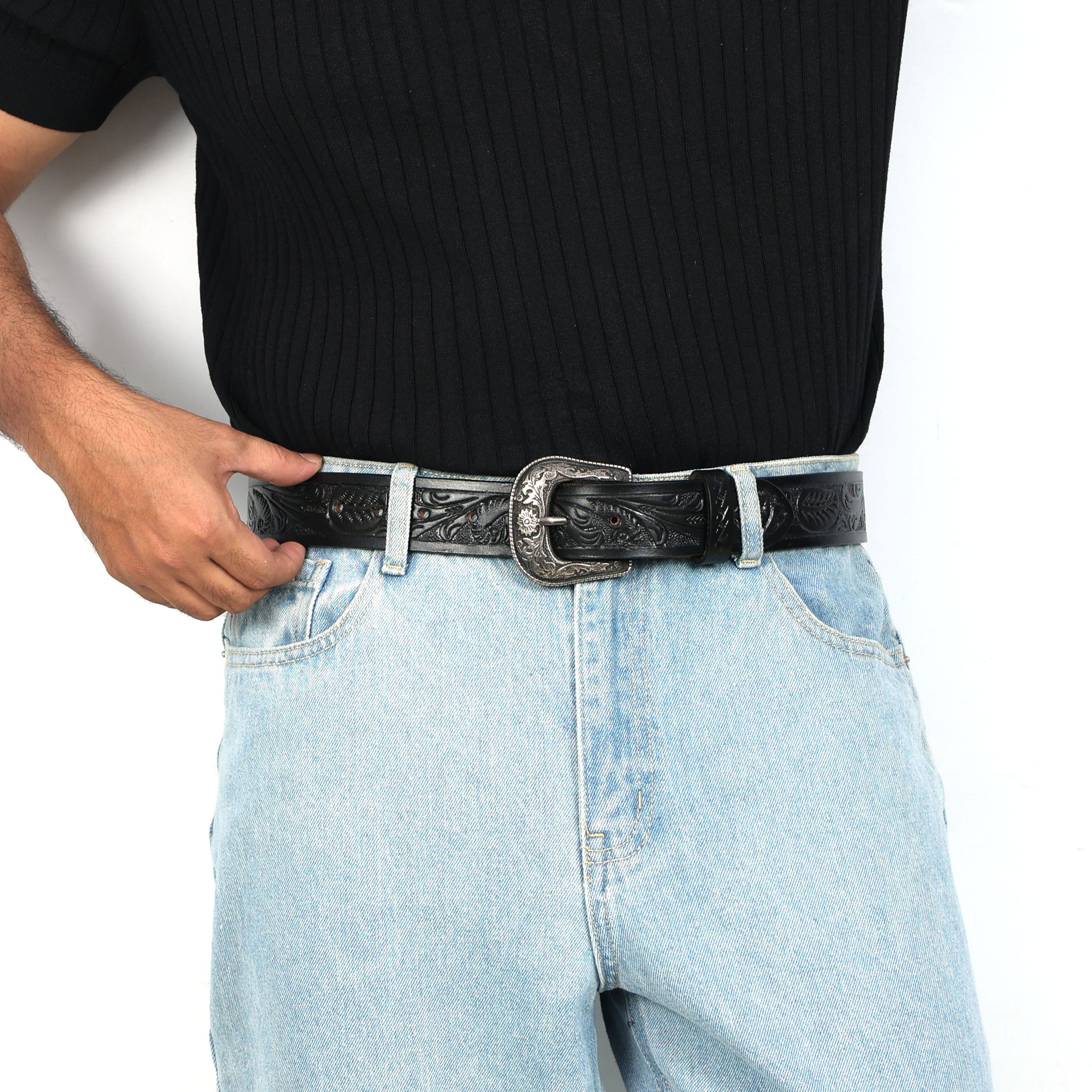Black Leather Western Belt with Western Engraved Black Buckle + Free Antique Plain Buckle