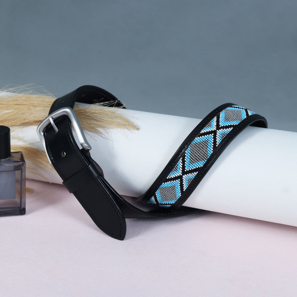 Blue Horizon Gaucho Beaded Leather Belt – Handcrafted Argentinian Diamond Pattern Belt