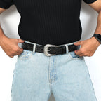 Black Leather Western Belt with Western Engraved Silver Buckle + Free Antique Plain Buckle