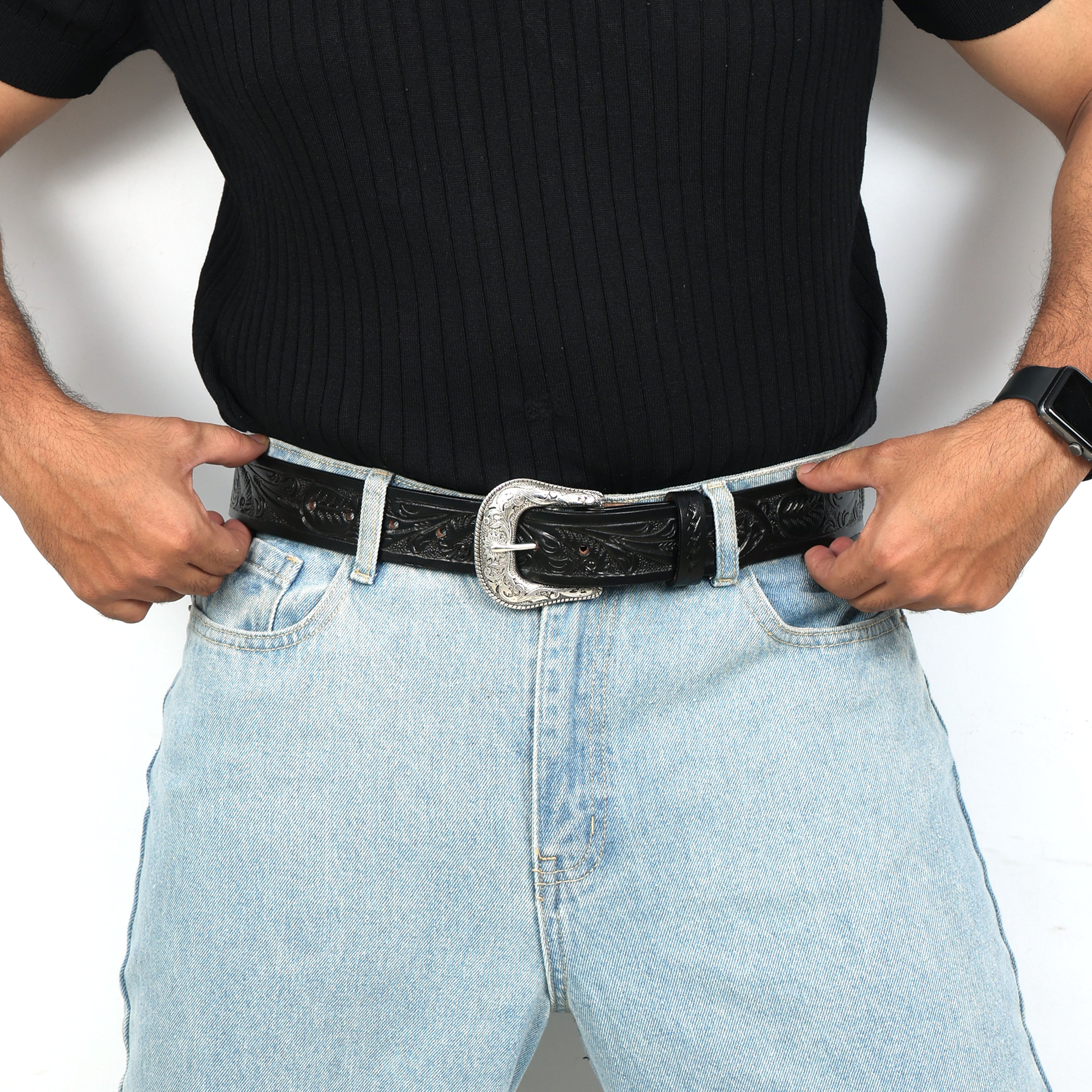 Black Leather Western Belt with Western Engraved Silver Buckle + Free Antique Plain Buckle