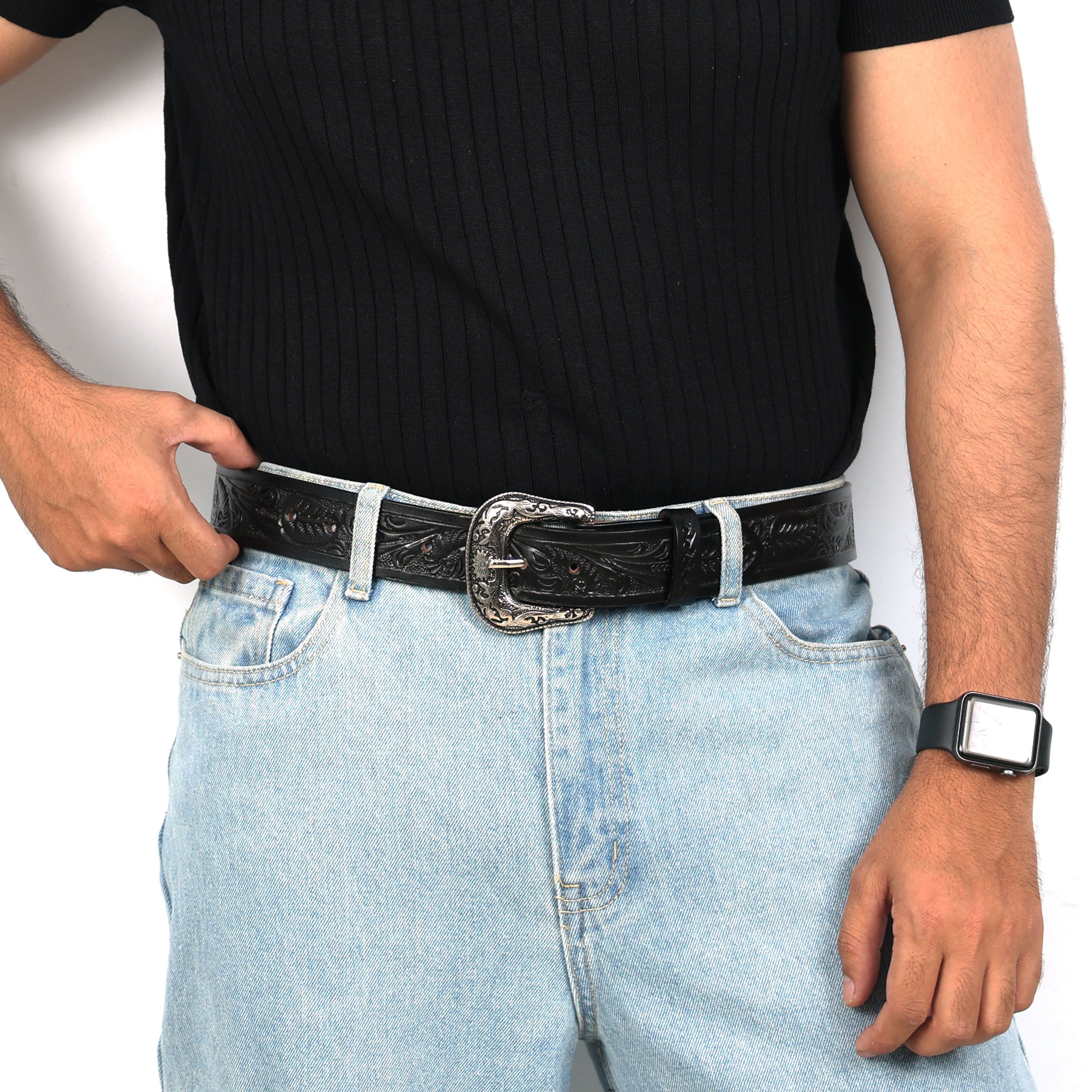 Black Leather Western Belt with Western Engraved Rustic Silver Buckle + Free Antique Plain Buckle
