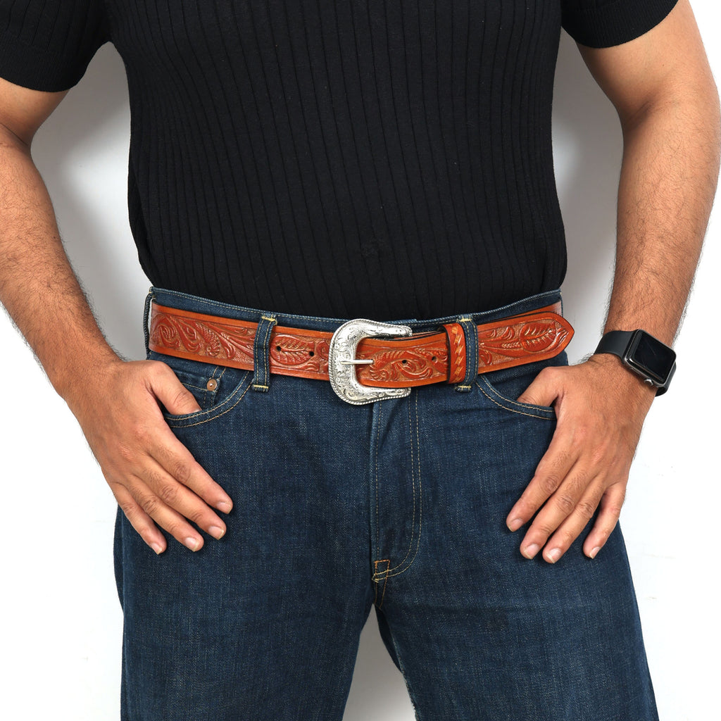Berbanto Two Tone Tan Leather Western Belt with Western Engraved Silver Buckle + Free Antique Plain Buckle