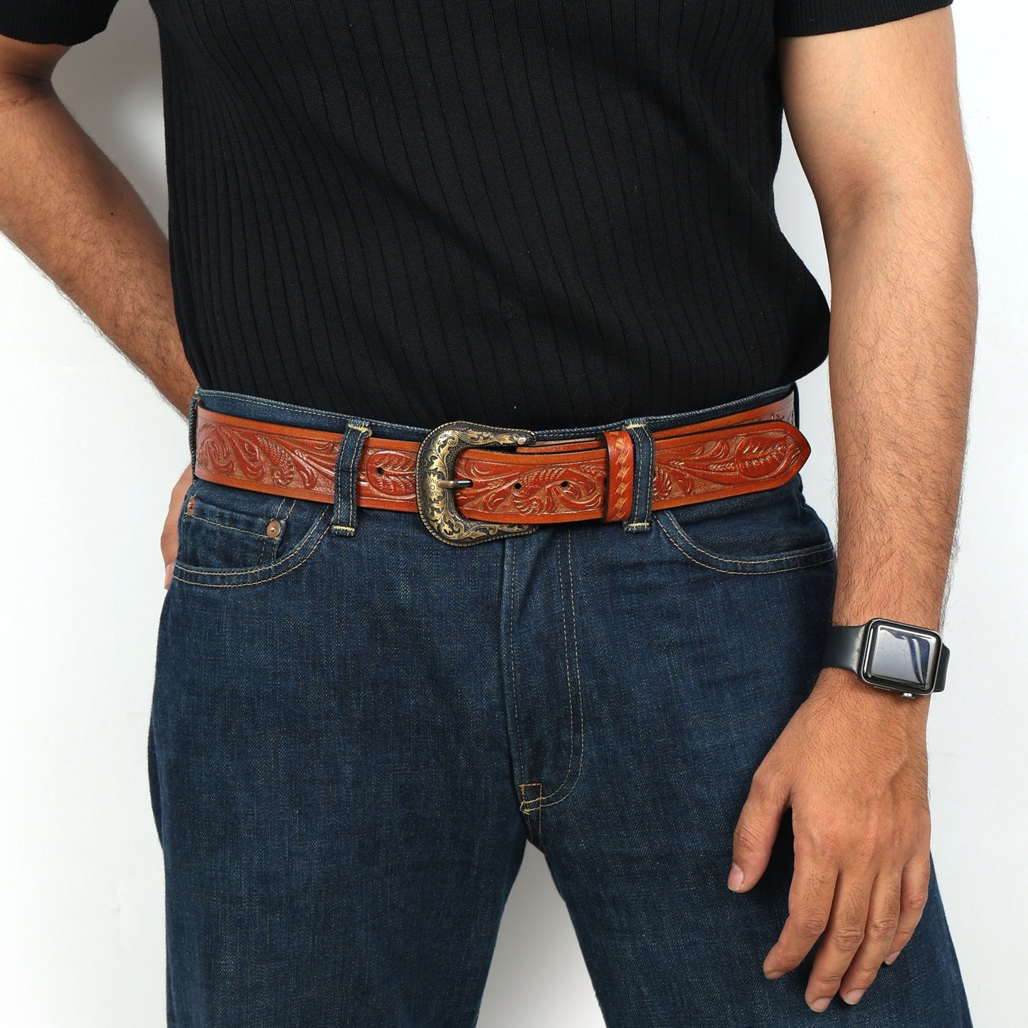 Berbanto Two Tone Tan Leather Western Belt with Western Engraved Brass Buckle + Free Antique Plain Buckle