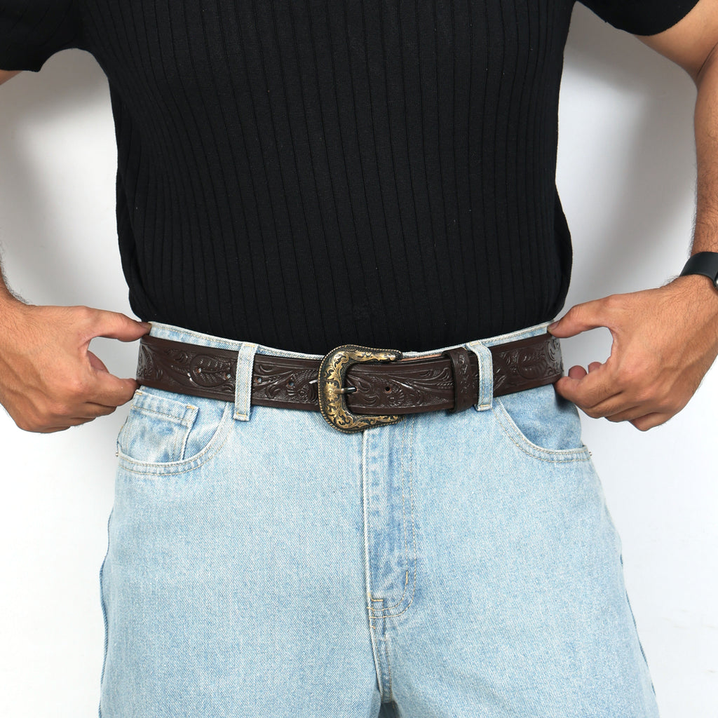 Dark Brown Leather Western Belt with Western Engraved Brass Buckle + Free Antique Plain Buckle