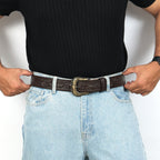 Dark Brown Leather Western Belt with Western Engraved Brass Buckle + Free Antique Plain Buckle