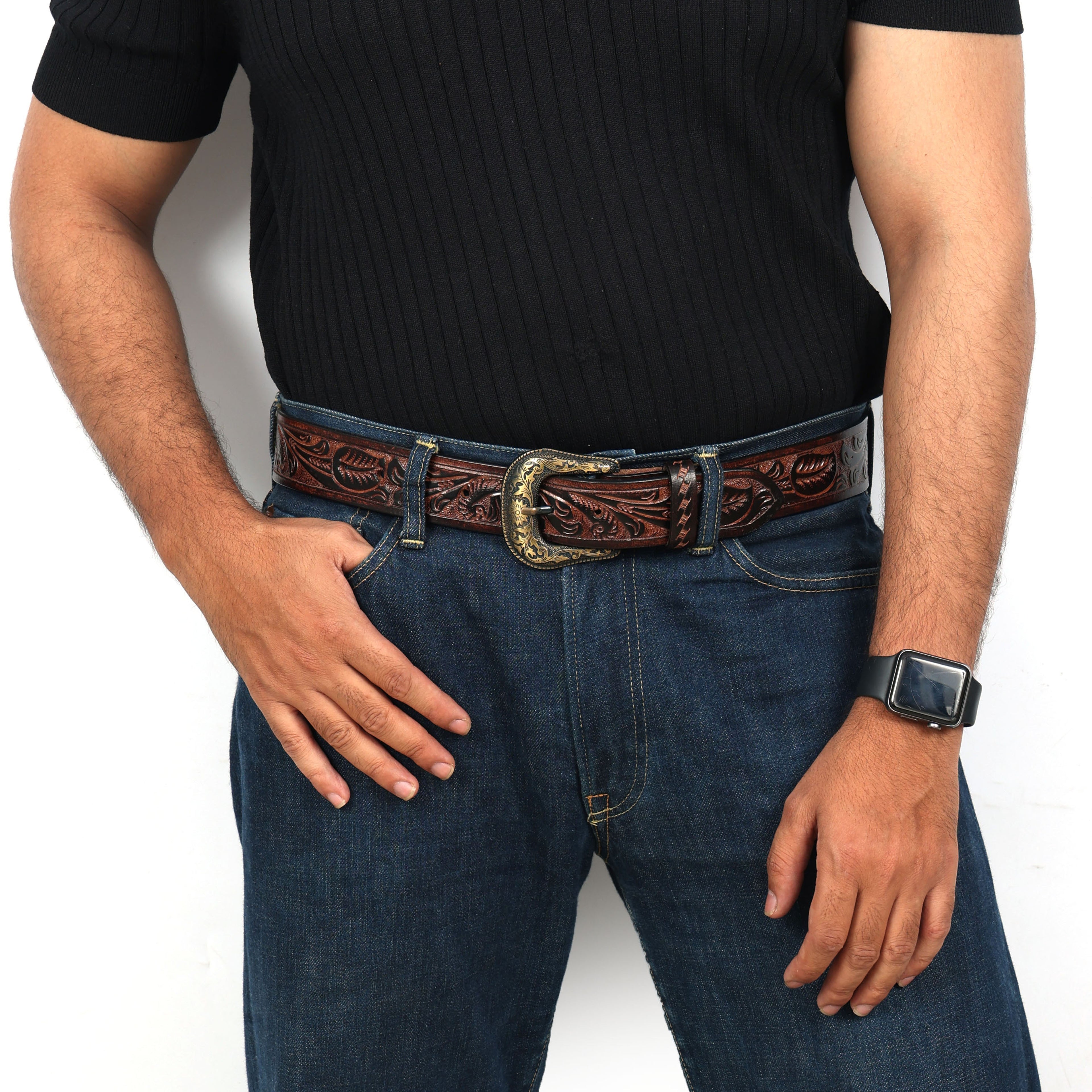 Berbanto Two Tone Brown Leather Western Belt with Western Engraved Brass Buckle + Free Antique Plain Buckle