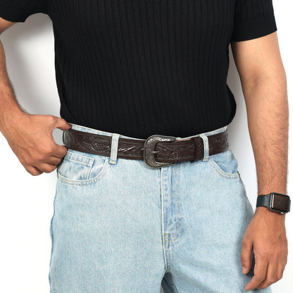 Berbanto Dark Brown Leather Western Belt with Western Engraved Black Buckle + Free Antique Plain Buckle