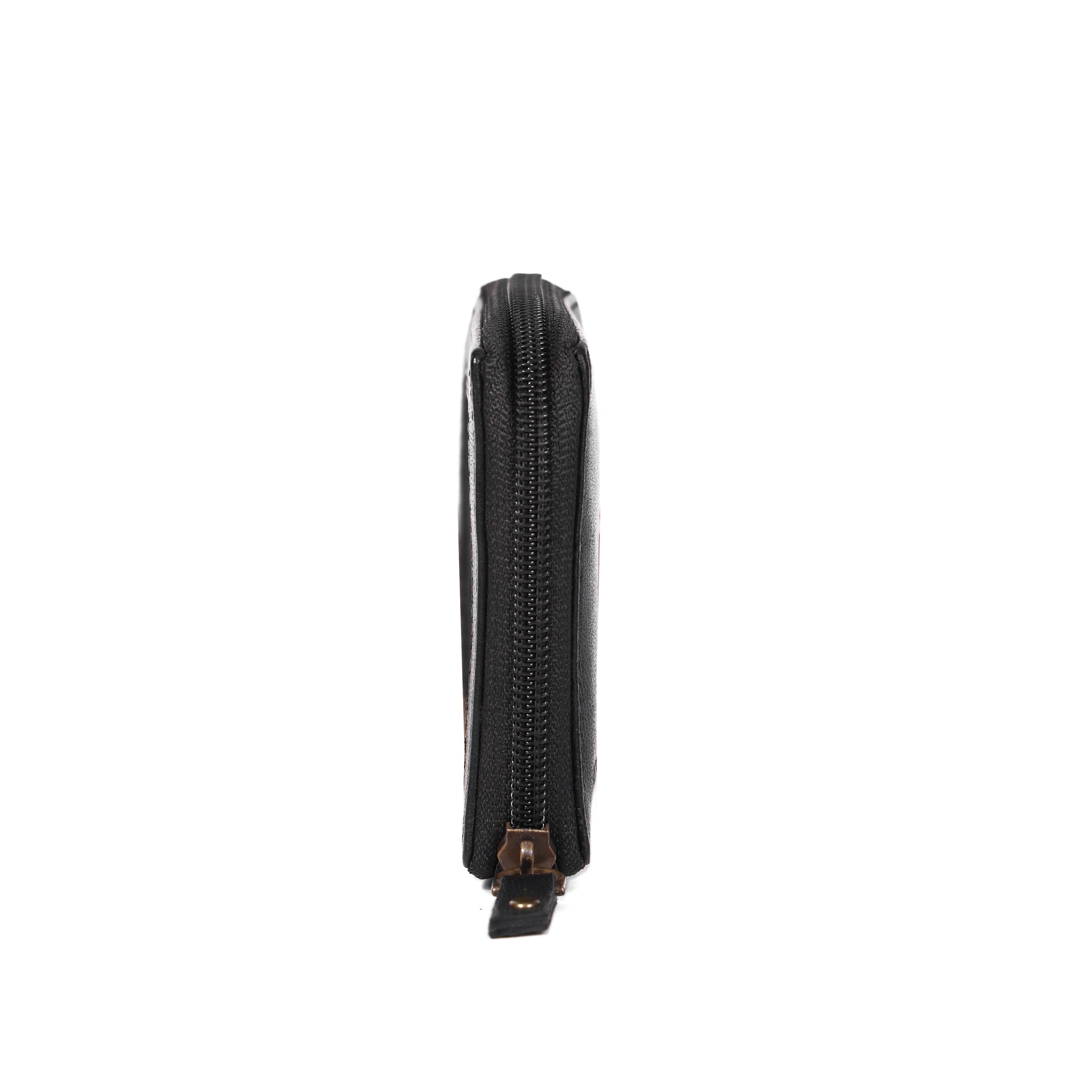 Black Leather Wallet with Zip Closure for Men