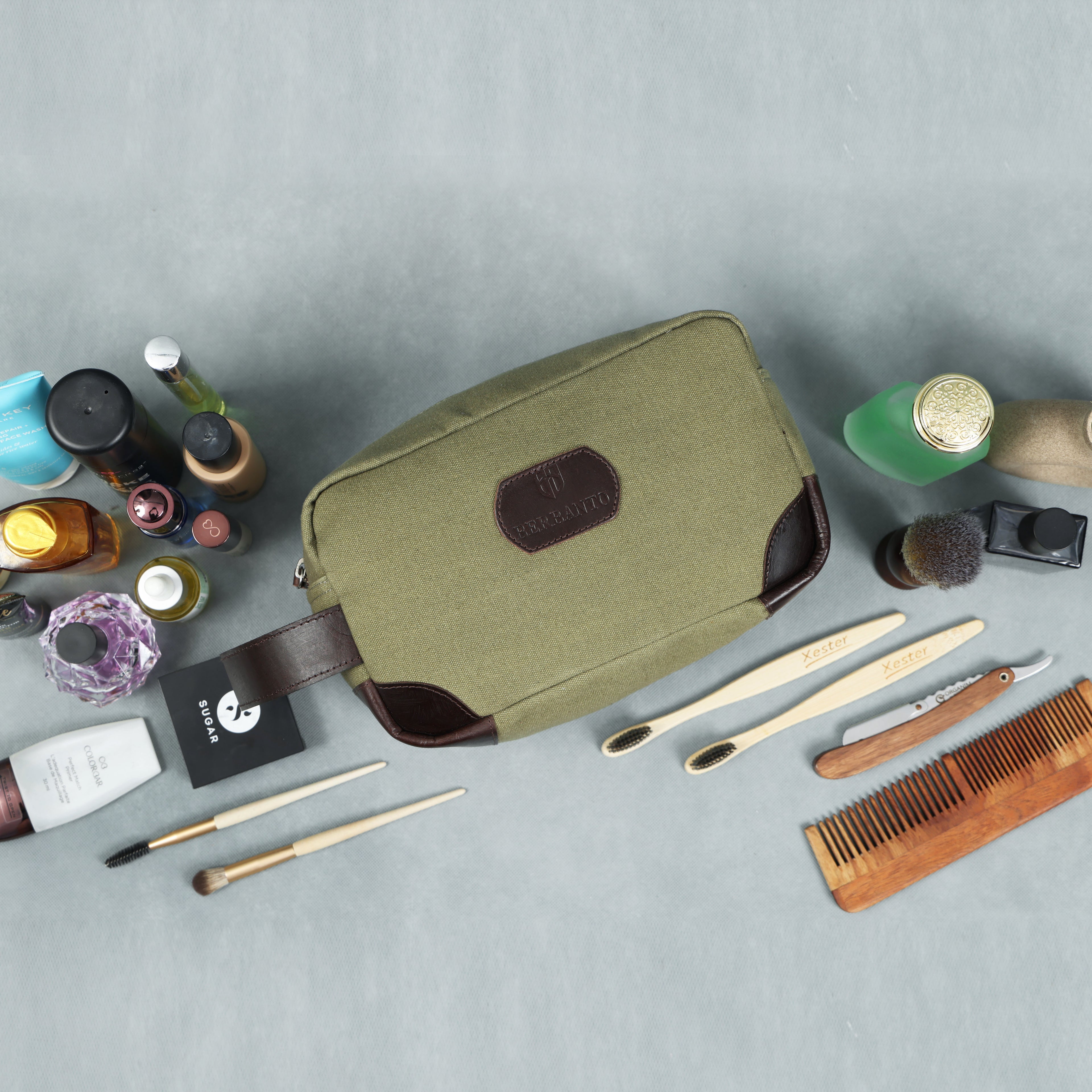Urban Voyager Dopp Kit – Olive Canvas & Brown Leather Travel Toiletry Bag