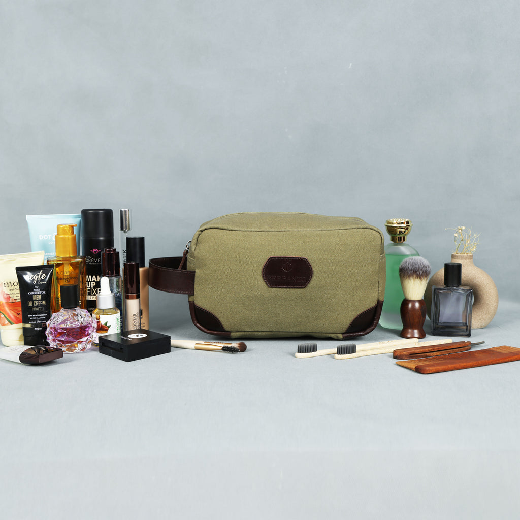 Urban Voyager Dopp Kit – Olive Canvas & Brown Leather Travel Toiletry Bag